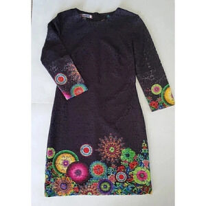 Women's‎ DESIGUAL Black Mandela Lace 3/4 Sleeve Shift Lined Dress SZ Small 6/38
